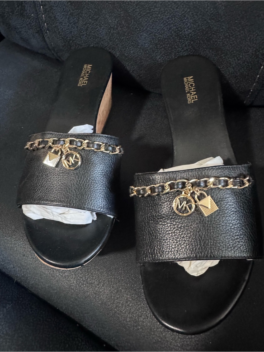 Michael Kors Black Leather Slide Mules with Gold Chain Charm